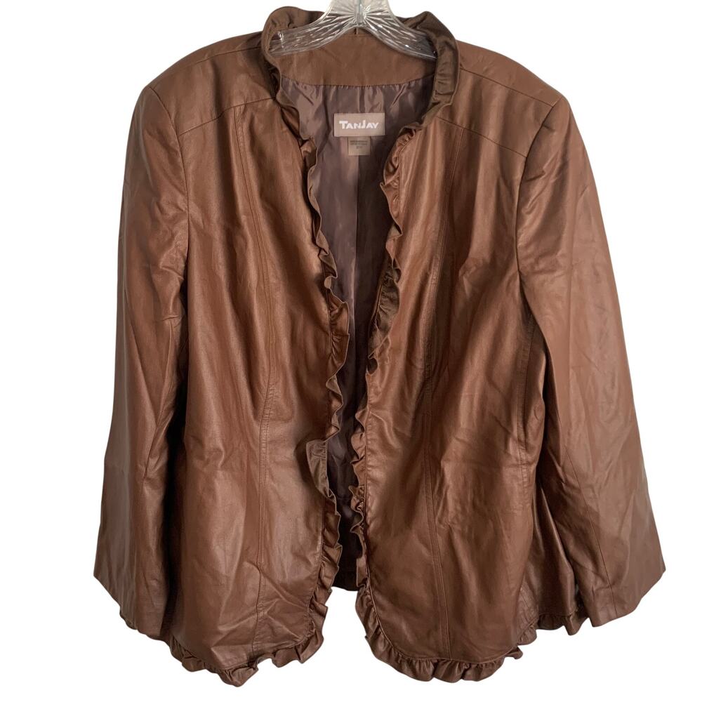 TanJay Womens 20W Faux Brown Leather Jacket Ruffles Girly Cowgirl Western Dress